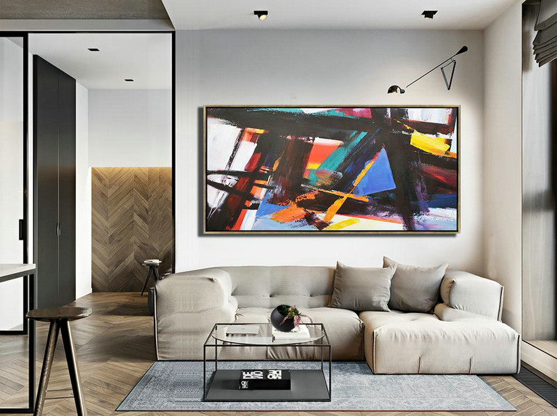 Large Abstract Art Handmade Painting,Horizontal Palette Knife Contemporary Art Panoramic Canvas Painting,Hand Painted Acrylic Painting,White,Black,Yellow,Blue.etc